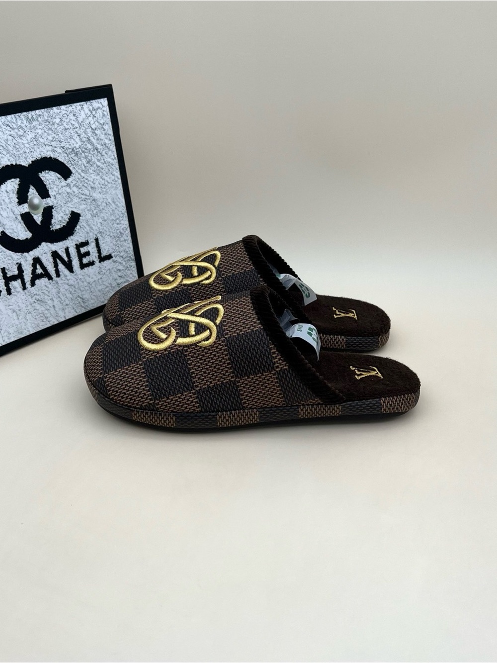 Louis Vuitton Brown Checkered Embroidered Logo Slip-On Slippers